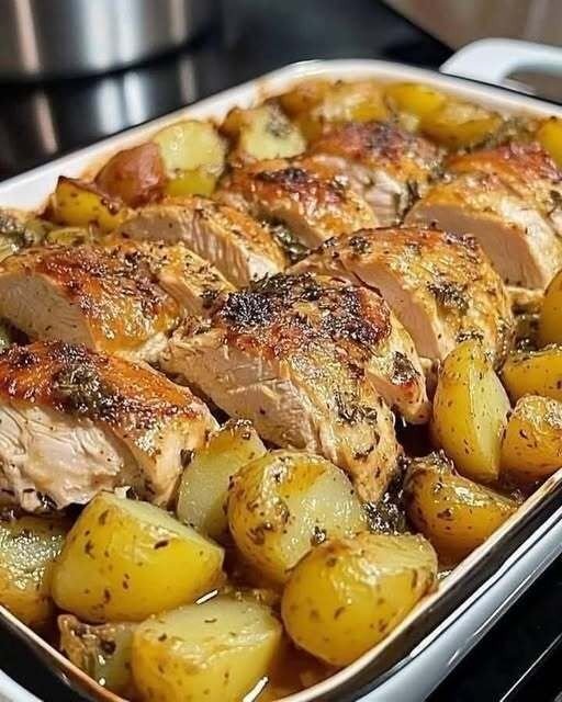 Here’s a simple and delicious recipe for Oven-Baked Chicken Thighs with Potatoes—crispy on the outside, 581432275_2015017812610151_4426802465537760545_n